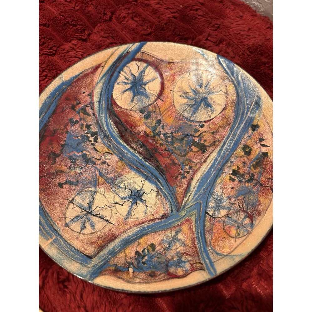 Abstract Artisan Shop Glazed Pottery Red Orange Plate Star & Circular Motif 7.5"